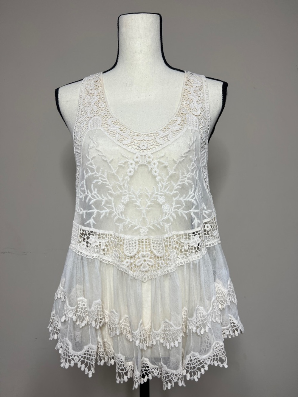 🗽🧘‍♀️👩‍🚀👰‍♀️Forever 21 Ivory Lace Crochet Tiered Sleeveless Tunic